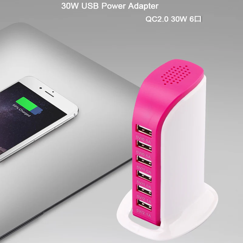 Pink Universal 6 USB Port Charger Quick Charge Charging Dock Station Desktop Travel Charger Hub 30W For iPhone - Цвет: Pink