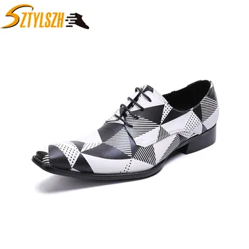 

Fashion Retro Luxury Black White Grids Pattern Genuine Leather Loafers Shining Formal Dress Shoes Mens Wedding Party Shoes