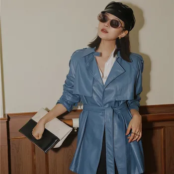 

Korea 2020 new spring turn-down collar soft PU Leather high quality spliced blue color jacket with waist belt WK38505L