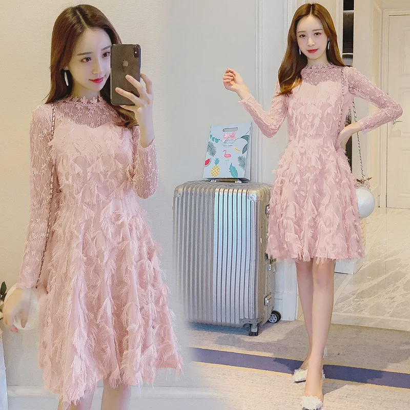 

Feather Tassels Dress 2019 Tibetan Meat Slimming Lace Dress Women's Long Sleeve Spring