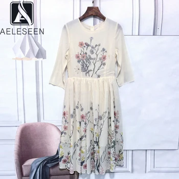 

AELESEEN Runway Fashion Women Dress Autumn Elegant Designer 3/4 Sleeve Dress Flower Print Holiday Party Midi Dress Vestidos