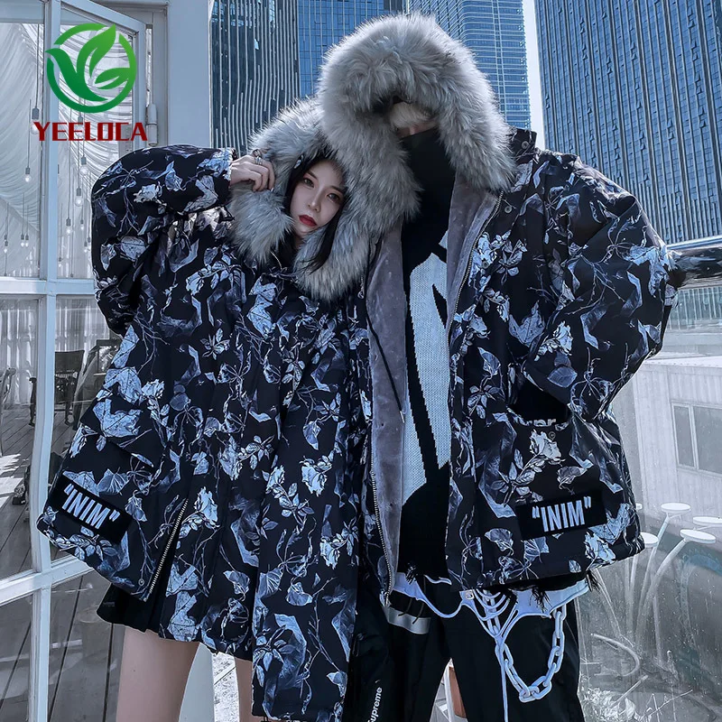 Winter Thicken Hooded Jacket Coat Fur Collar Hip Hop Warm Couple Leaves Camouflage Versatile Men Windbreaker Brand Design