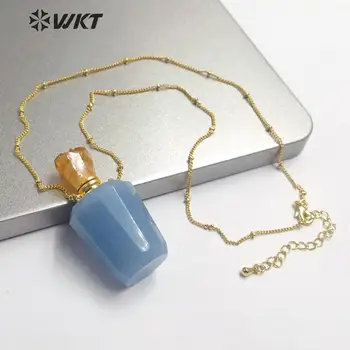

WT-N1169 women fashion natural raw stone cut stone perfume bottle necklace pink quartz a methyst stone bottle