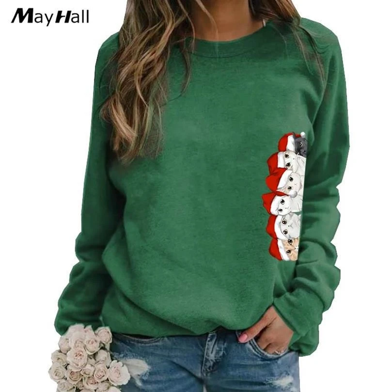 

Christmas Cat Cartoon Print Long Sleeve Round Neck Hoodies For Women's Sweatshirt Tops Kawaii Plus Size 5XL Clothings Girls