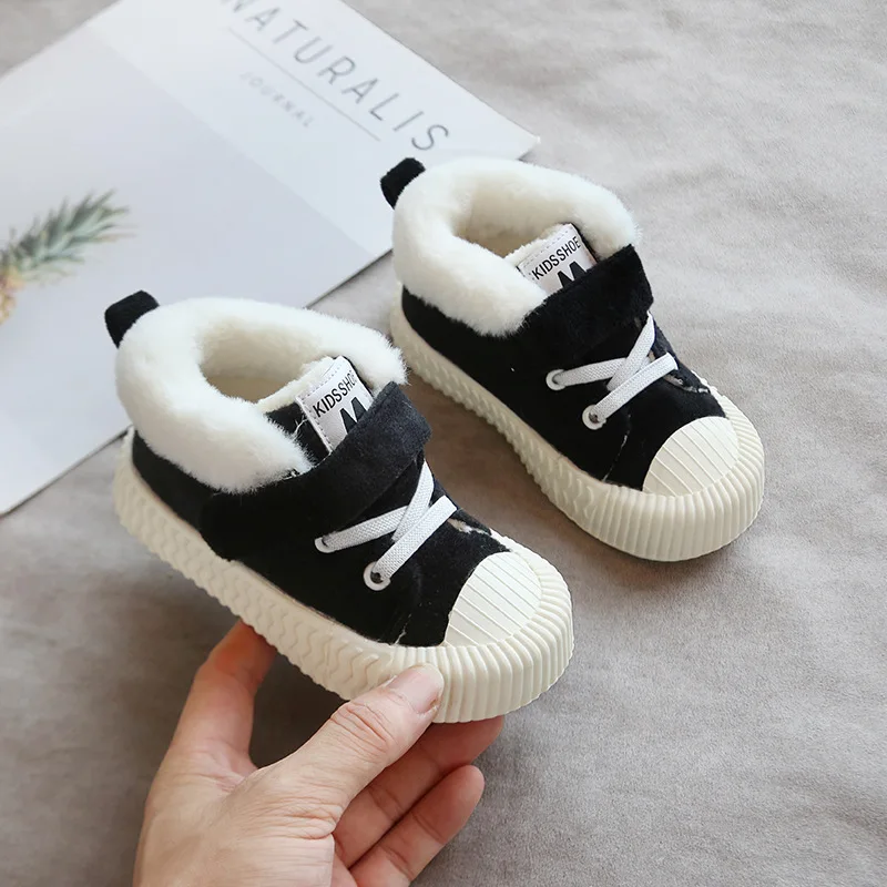 black Children Cotton-padded Shoes Winter Plus Velvet Boys Girls Canvas Shoes Kids Warm Non-slip Biscuits Shoes - Цвет: black