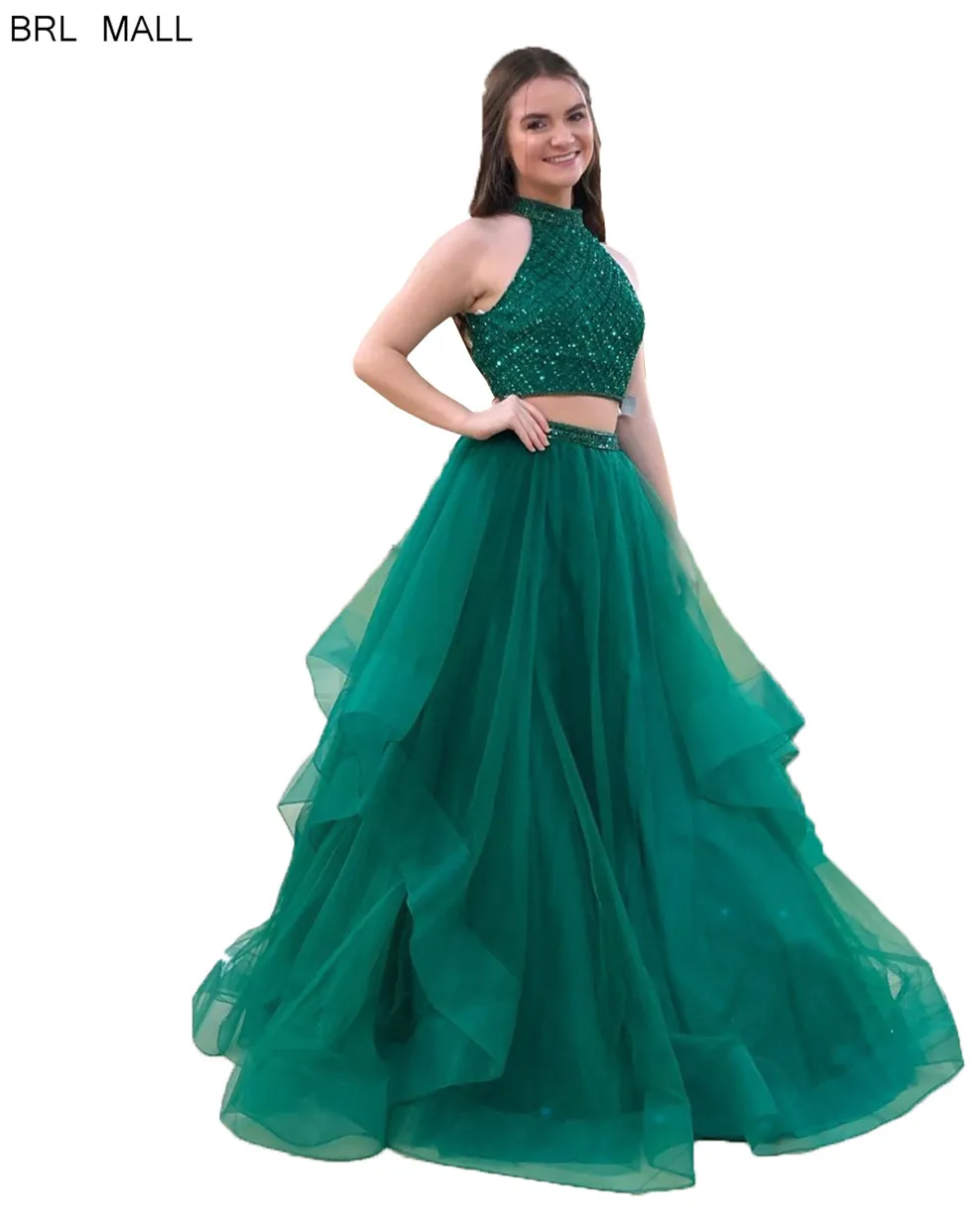 Vestido de fiesta, платья для выпускного вечера из двух частей с зеленым павлином и блестками, вечерние платья из тюля с бусинами и кристаллами, Длинные вечерние платья
