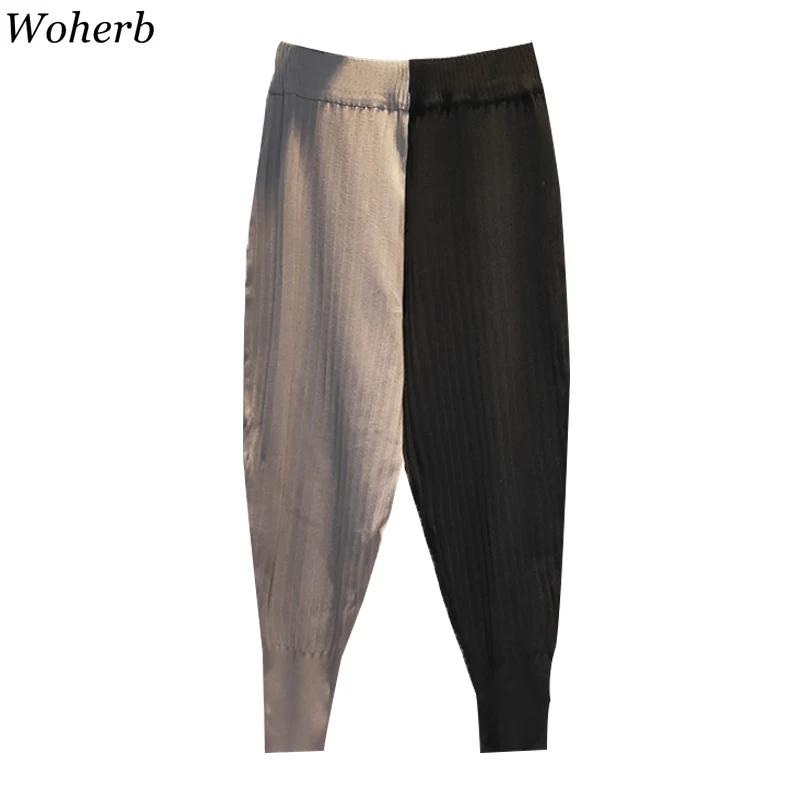 Woherb, повседневные свободные штаны-шаровары, вязаные Лоскутные штаны с высокой талией и длиной до щиколотки, женские модные штаны, корейский стиль 91246