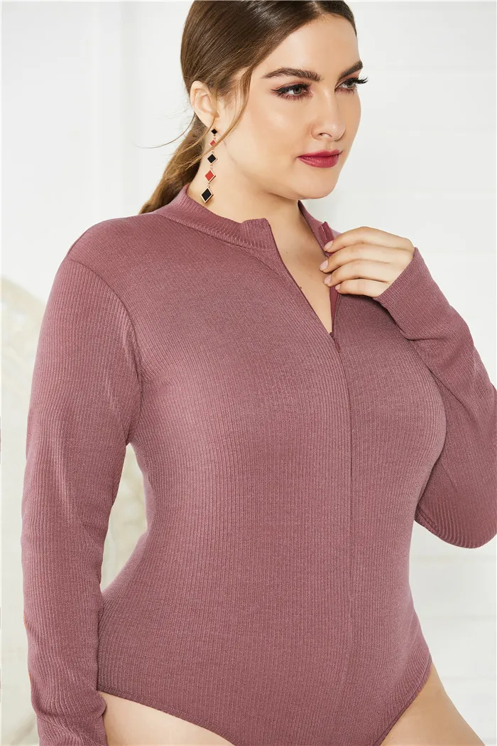 Большие размеры женские 5XL с воротником-стойкой и длинными рукавами, на молнии, вязаный свитер, боди, Осень-зима, Новые однотонные повседневные офисные комбинезоны