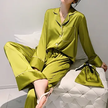 

Korean Famous Spring and Summer Women's Pajama Suit Oversize Long-Sleeved Leisure Set Silk-like Satin Bag Pajamas silk pajamas