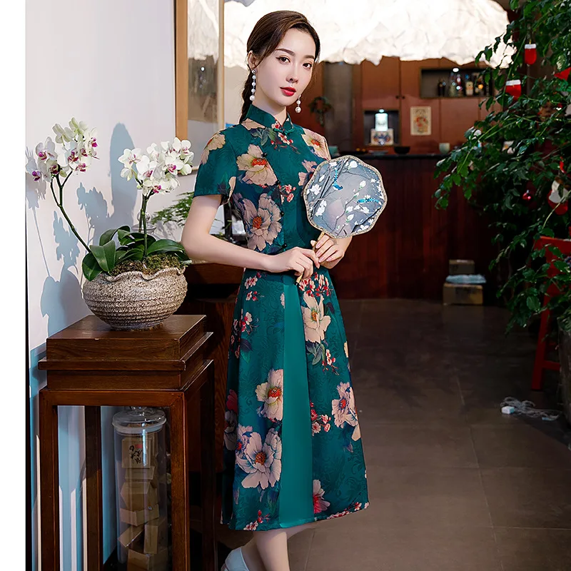 

Spring Middle-Aged And Elderly Freshing Retro Catwalk Long Double Cheongsam Daily Performance Banquet Improved Qipao Платье