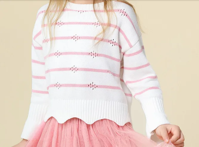 

Childrenswear Fashion GIRL'S Sweater Crew Neck Long Sleeve Autumn And Winter New Style Petal Hem Stripes Knitted Pullover Cotton