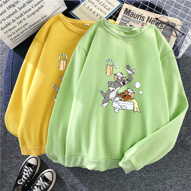 Женская толстовка с капюшоном Tom& Jerry, милый мультяшный пуловер, спортивный костюм, Harajuku, эстетическая толстовка с капюшоном, Kawaii, уличная одежда, негабаритная толстовка с капюшоном
