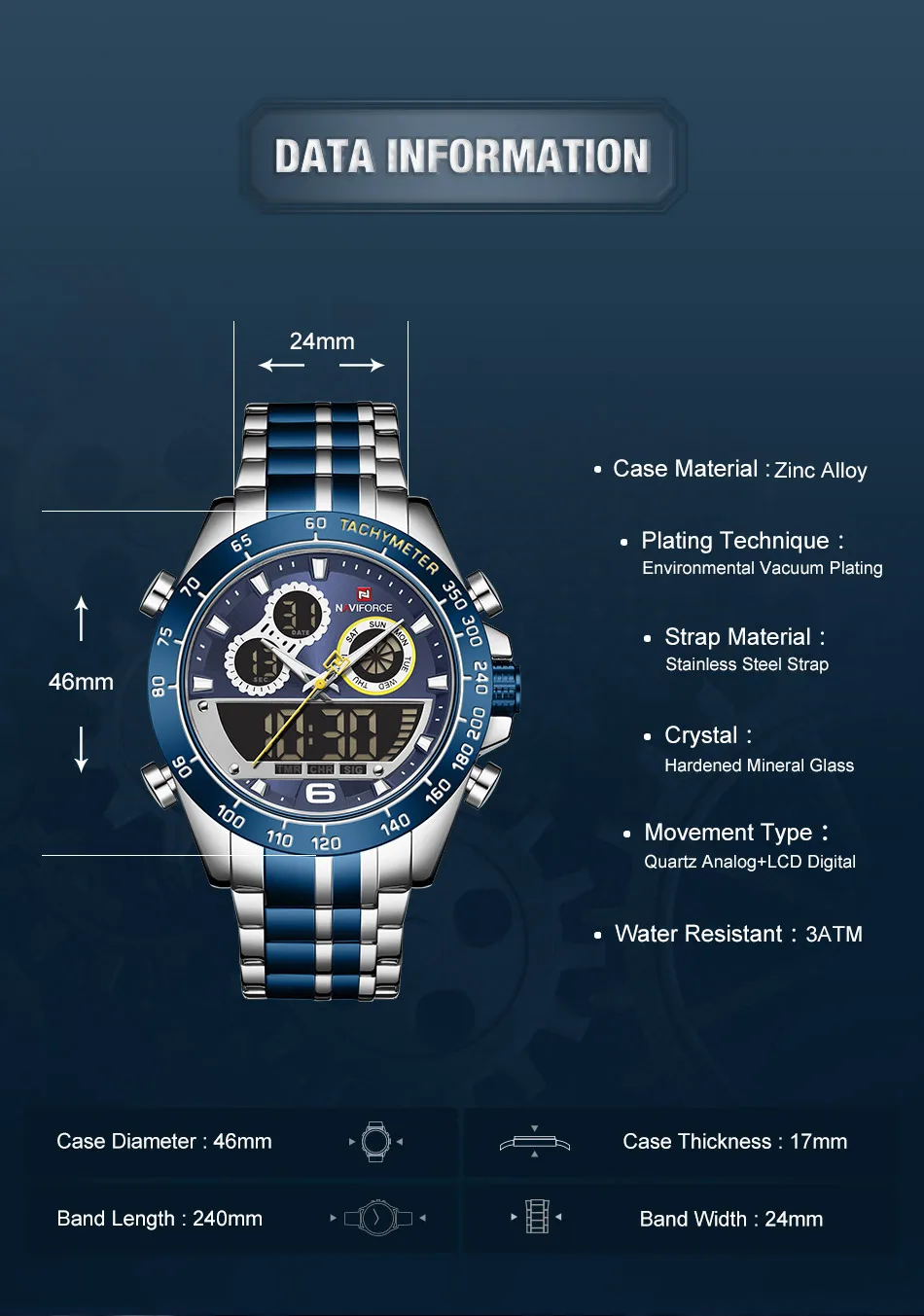 NAVIFORCE Men Military Luxury Watch Quartz Sport Casual Full Steel Wrist Watch Digital Analog Waterproof Clock Relogio Masculino