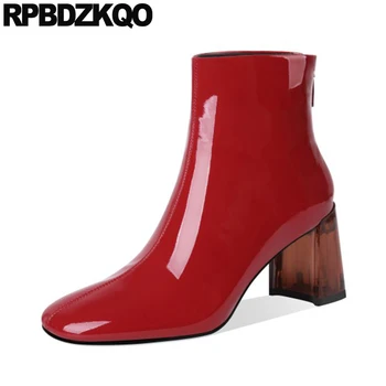 

patent leather handmade chunky high heel fur autumn square toe female shoes red short booties brand women winter boots genuine