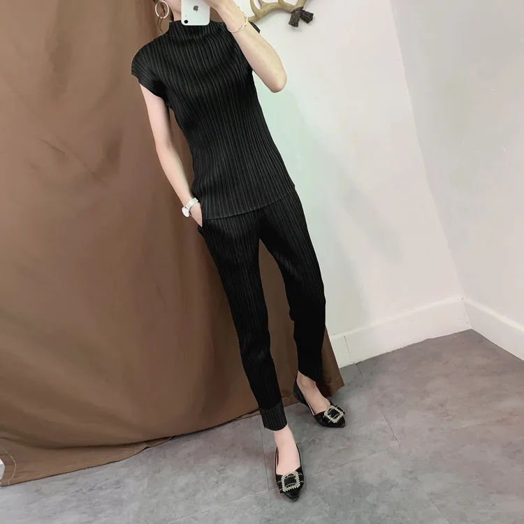 Плюс размер брюки 2019 женские стрейч Miyake плиссированные прямые брюки Сплит лодыжки длина все совпадающие повседневные брюки женские