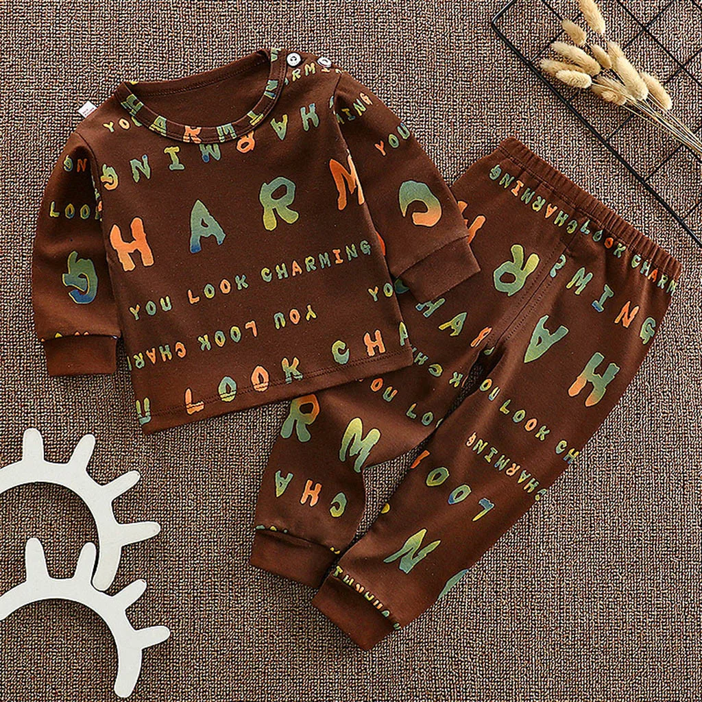 Коричневый Casual Kids Boys Girls Clothes Set Autumn Winter Long Sleeve Pajamas Cartoon Home wear Toddler Child Boy Girl Outfits 9 11 Years - Цвет: Коричневый
