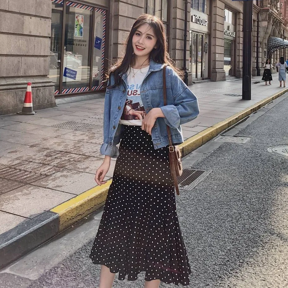 Для фотосессии, Южная Корея, Ulzzang, осенняя одежда, джинсовая синяя куртка, короткое пальто, женская юбка в горошек с оборками, комплект из двух предметов