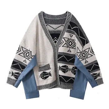 

TVVOVVINWomen Sweater Pu Leather Patchwork V-Neck Cardigan Sweaters Women Color Matching Vintage Autumn Knitting Tops DG154