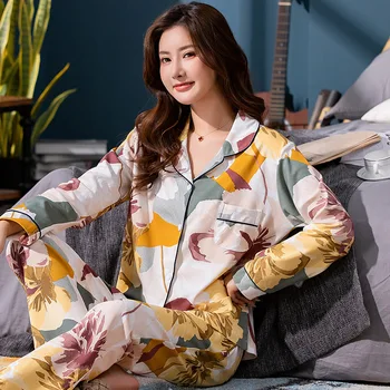 

2020 Autumn Printed Women's Pajama Cotton Plus Size 4XL Two-piece Set Brief Fashion Long Sleeve Home Clothes Female Sleepwear