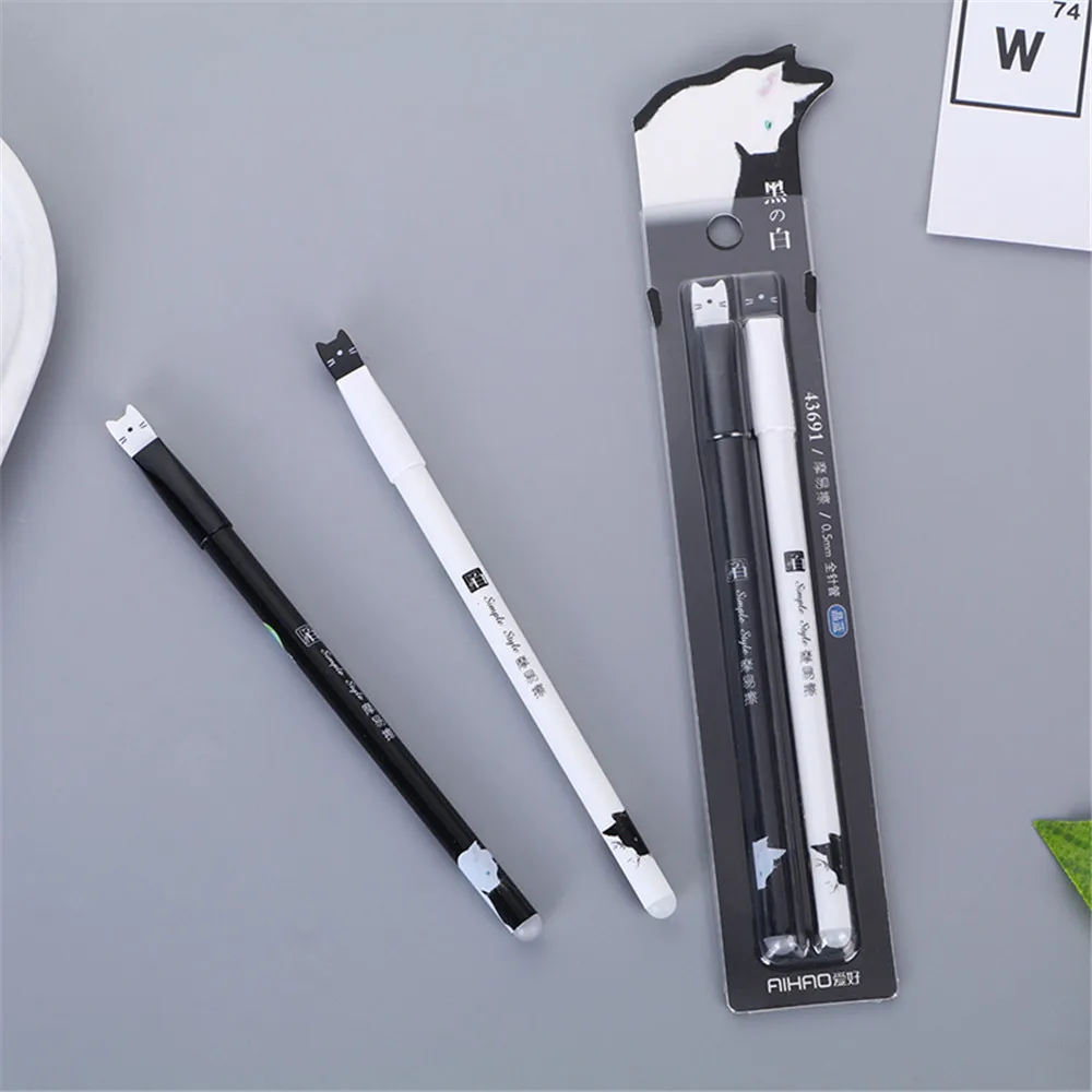 

2pcs/pack Kawaii Cartoon Cat Gel Pens Cute Erasable Blue Black Ink Pens Stationery Items School Supplies Office Accessories
