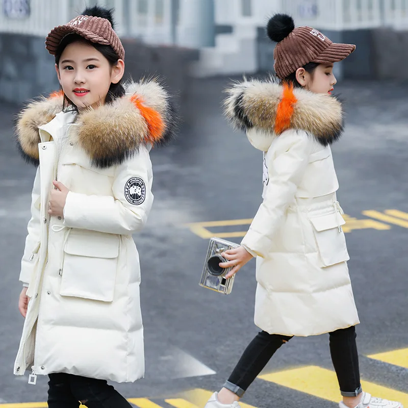 Новинка года; детская зимняя куртка для девочек; детская теплая длинная куртка с хлопковой подкладкой; парка; подростковое пальто с капюшоном; верхняя одежда - Цвет: Белый