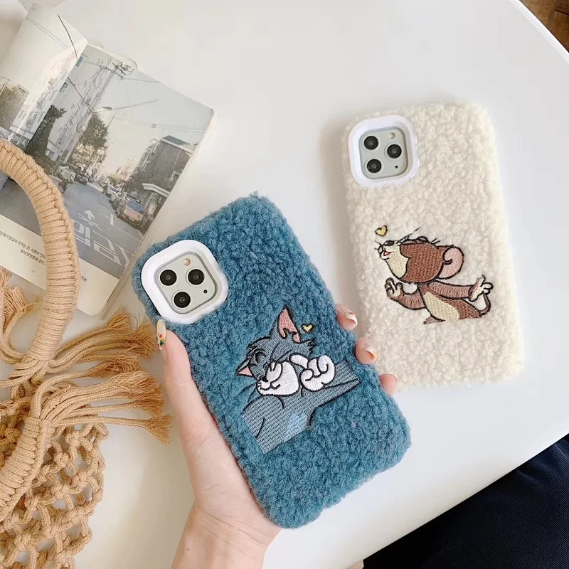 

Embroidery Tom and Jerry Plush case for iPhone XR X XS 11 11Pro Max 7 8 6 6s Plus Warm cartoon soft fur phone back cover coque