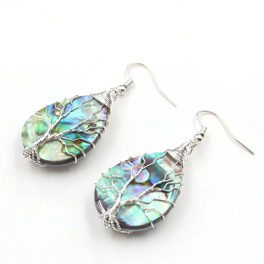 

Popular Silver Plated Wire Wrap Water Drop Earrings Abalone Shell Tree of Life Jewelry