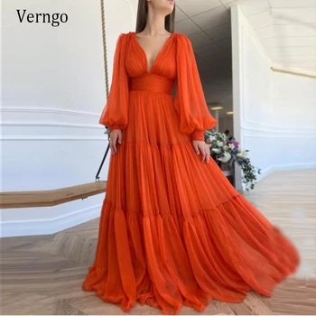 

Verngo 2021 New Vivid Orange Tulle A Line Evening Dresses With Deep Cleavage Puff Sleeves Prom Gowns Special Occasion Dress