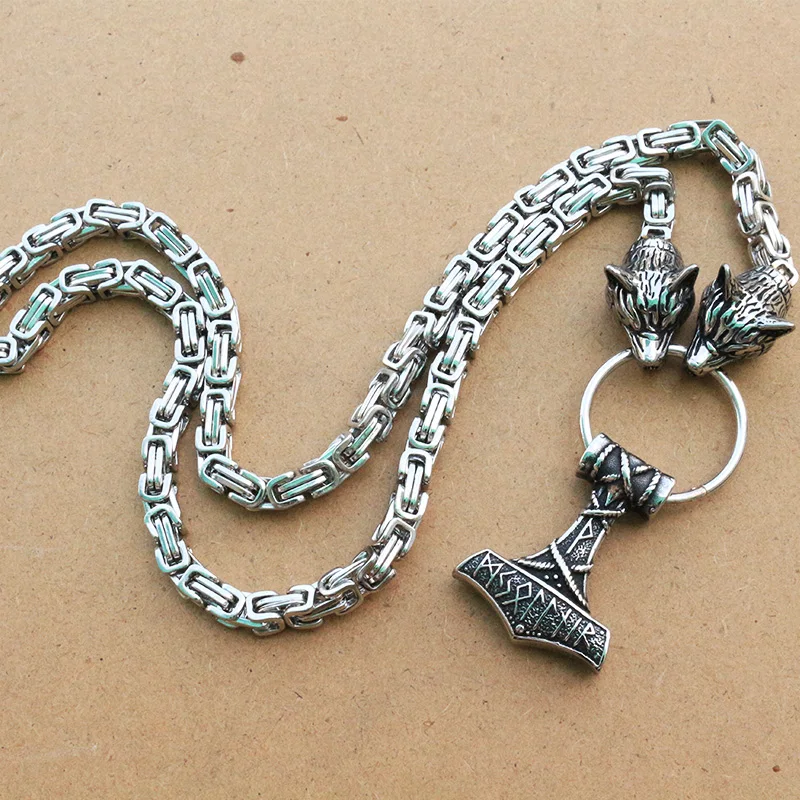 

1pcs men stainless steel wolf head chain with Thor's Hammer pendant viking rune necklace Thor Mjolnir Pendant norse jewelry