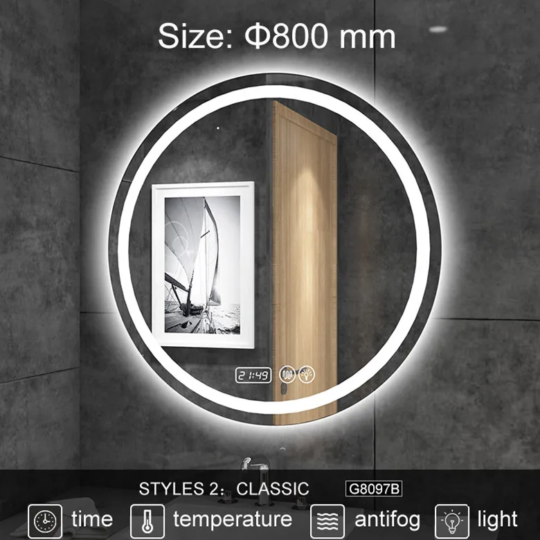 G8097B-D800mm На заказ, умное зеркало, светодиодный, зеркало для ванной комнаты, настенное, с подсветкой, круглое зеркало для размораживания, Bluetooth, сенсорный экран 2G8097 - Цвет: G8097B-D800mm