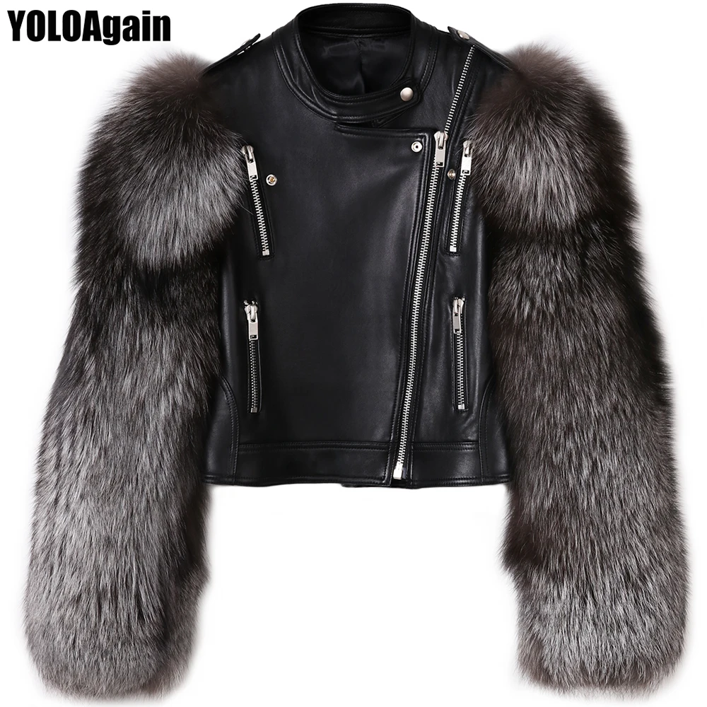 YOLOAgain women stand collar short genunie leather jacket ladies silver fox fur sleeve real leather jacket