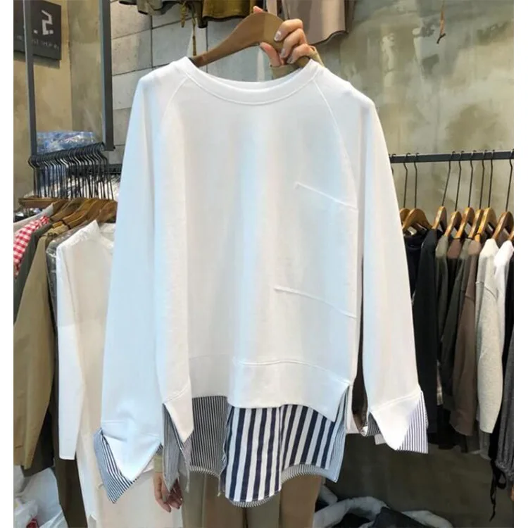 

2019 Autumn Vests New Women's Korean Version of Fake Two-piece Vests Long Sleeve Loose Striped Pullovers Patchwork Sweatshirt