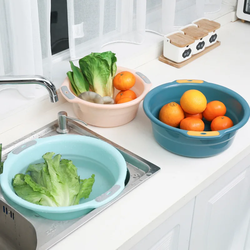 Round Plastic Washbasin Dish Tub with Non-Slip Grips Clothes Washing Basin Portable Dish Tub Household Cleaning Tools Foot