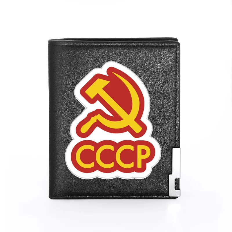 

Uniquie Soviet Sickle Hammer CCCP Printing Leather Wallet Men Bifold Credit Card Holder Short Purse Male