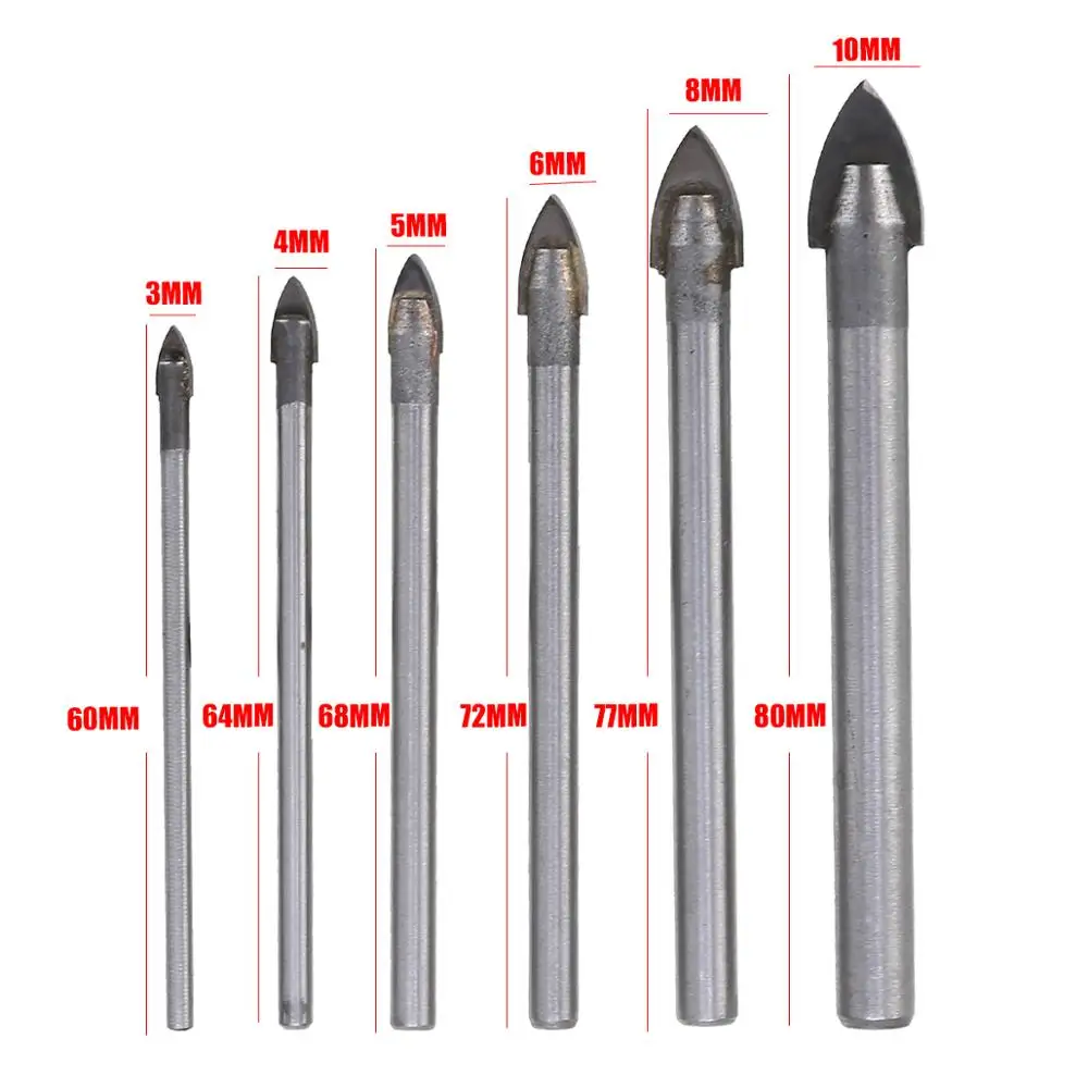 6Pcs Silver Glass Drill Bit  3mm/ 4mm/5mm/6mm/8mm/10mm Silver Spear Head Glass Drill Bits Ceramic Tiles Drill Bit Set