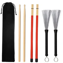 4 pieces Universal Jazz Drumsticks Set Includes 5A Maple Drumsticks Bamboo Steel Wire Brushes and Velvet Bag