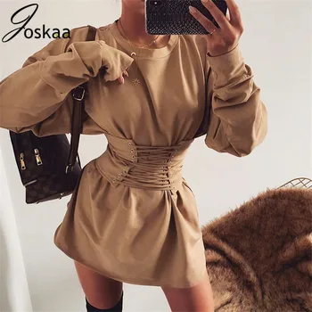 

Joskaa Winter Corset Long Sleeve Dress Women Street O Neck Pullover Cross Bow Tie Top Casual Streetwear Dresses