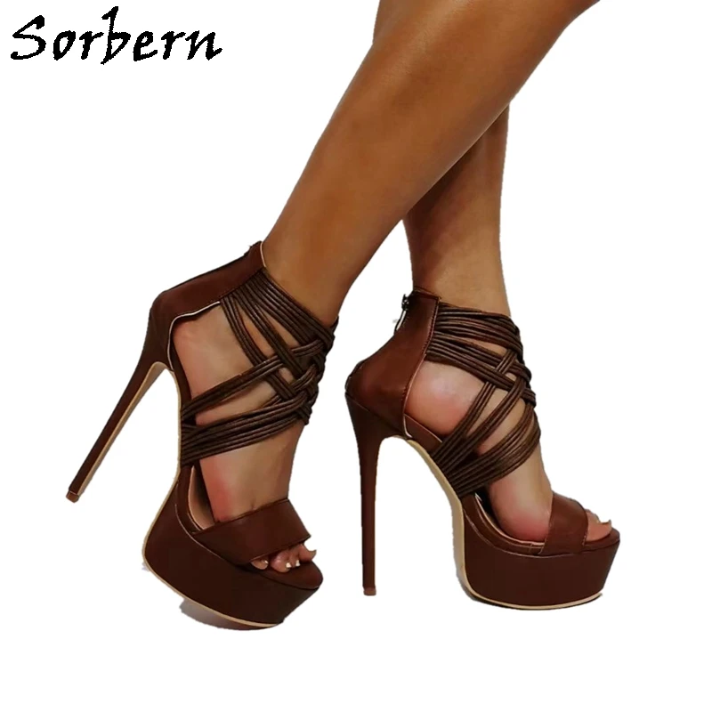 Sorbern Coffee Cross Thin Straps Sandal Platform High Heels Womens