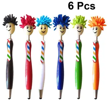 

6pcs Plush Hair Mop Head Pen Cartoon Students Writing Pen Plastic Ballpoint Pen (Assorted Color)