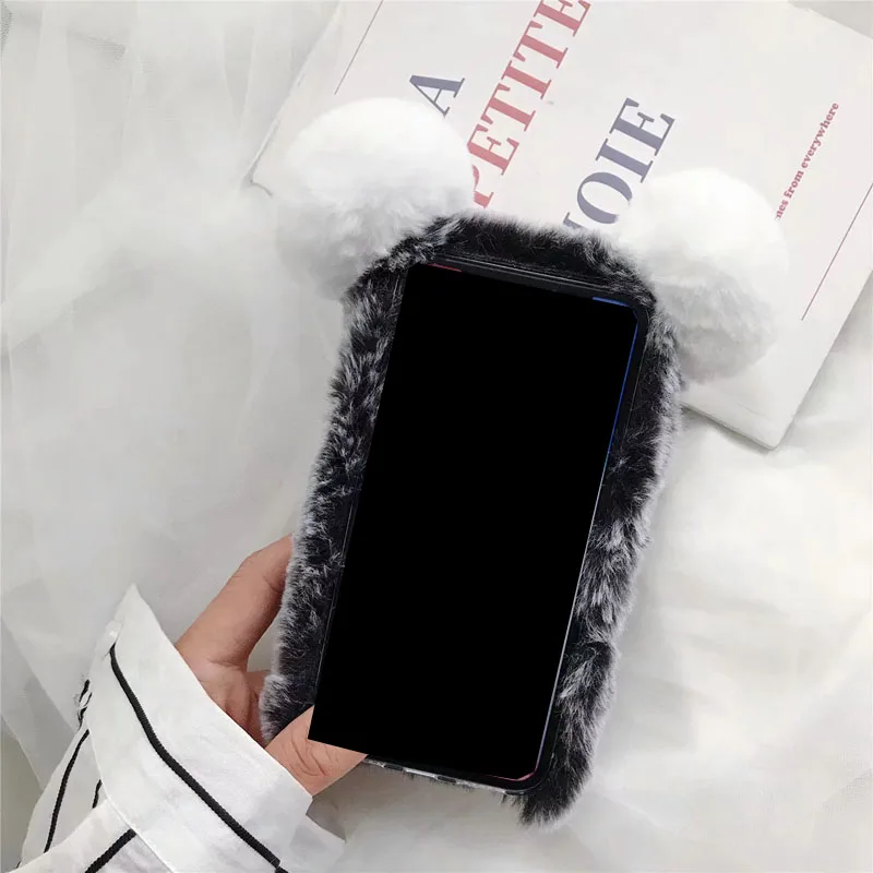 Для Galaxy Note 10, S10, M10, M20, A10, A30, A40, A50, милый 3D чехол с пандой, кроликом из натуральной шерсти, украшенный стразами, пушистый мех, мягкий ТПУ, 30 шт