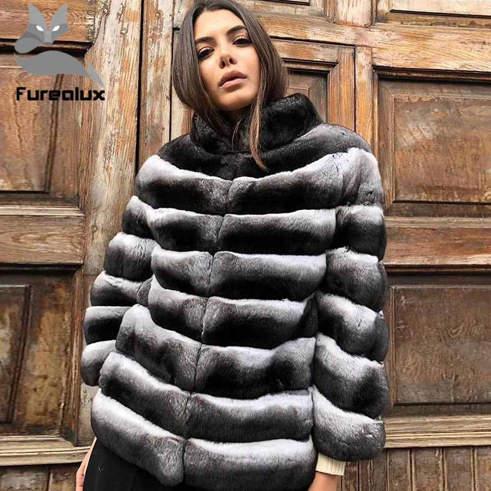 

Furealux 100% Luxury Chinchilla Rex Rabbit Fur Coat For Women Warm Jackets Stand Collar Natural Chinchilla Rex Rabbit Fur Coats
