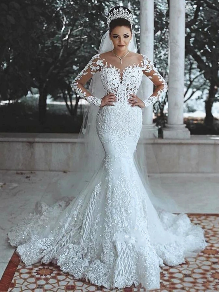 green emerald velvet dress Promfast Sparkly Long Sleeves Wedding Dresses Romantic Beading Mermaid main image 1