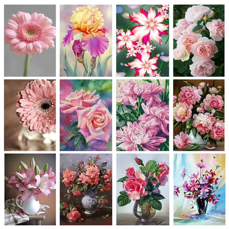 Diamond Mosaic Round 5D DIY Cross Stitch Pink Flowers Embroidery Art Leisure Kit Full Drill Painting Plants For Sale | Дом и сад