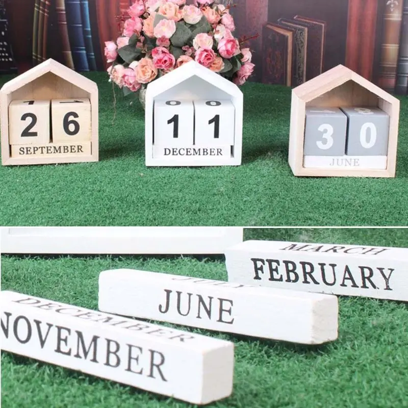 Vintage Wooden Perpetual Calendar Month Date Display Eternal Block Photography Props Desk Accessory Sweet Home Office Decoration |