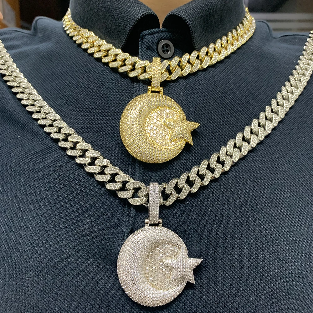 AZ Big Star Moon Iced Out Pendant Necklace For Men Women Full Bling Zircon Cuban Chain Link Hip Hop Jewelry Free Shipping 2