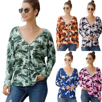 

Camouflage Designer Womens Summer Shirts Long Sleeve V Neck Spring New Style Female Clothing Fashion Style Casual Apparel
