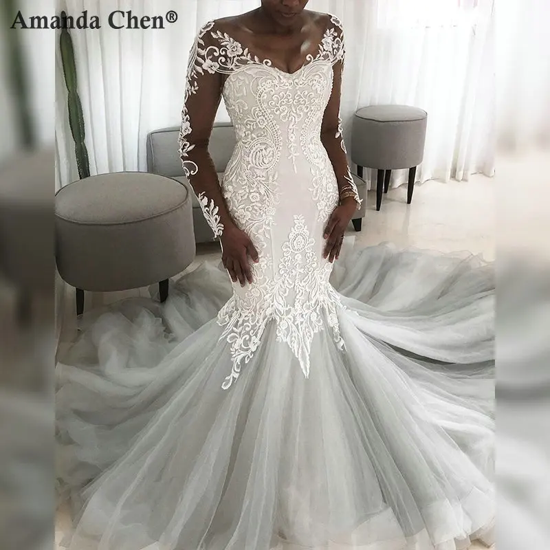 Robe de mariee Русалка длинный рукав кружевная Апликация низкая черное свадебное платье