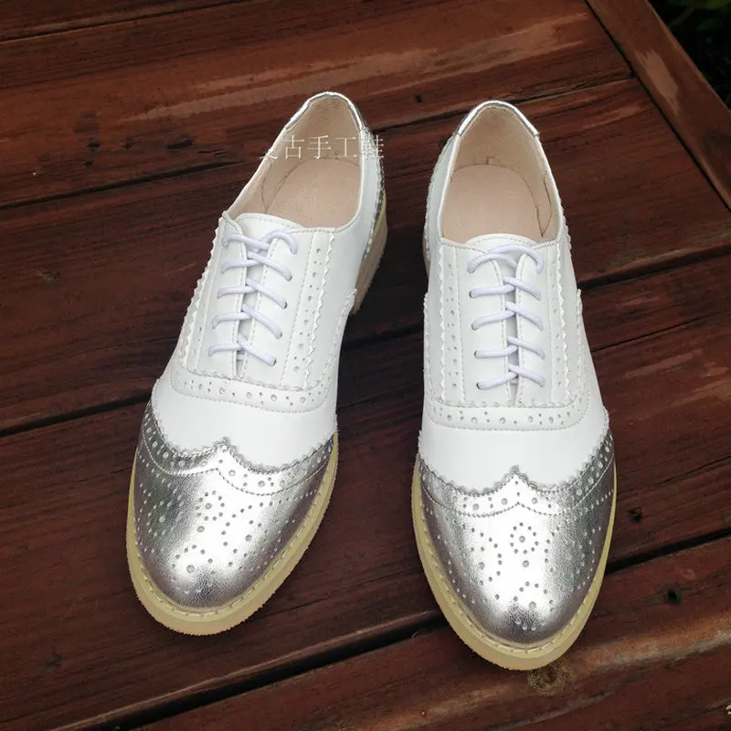 Брендовые дизайнерские женские оксфорды из натуральной кожи в винтажном стиле; цвет золотой, серебряный; обувь bullock на шнуровке; женская кожаная обувь для колледжа - Цвет: silver white