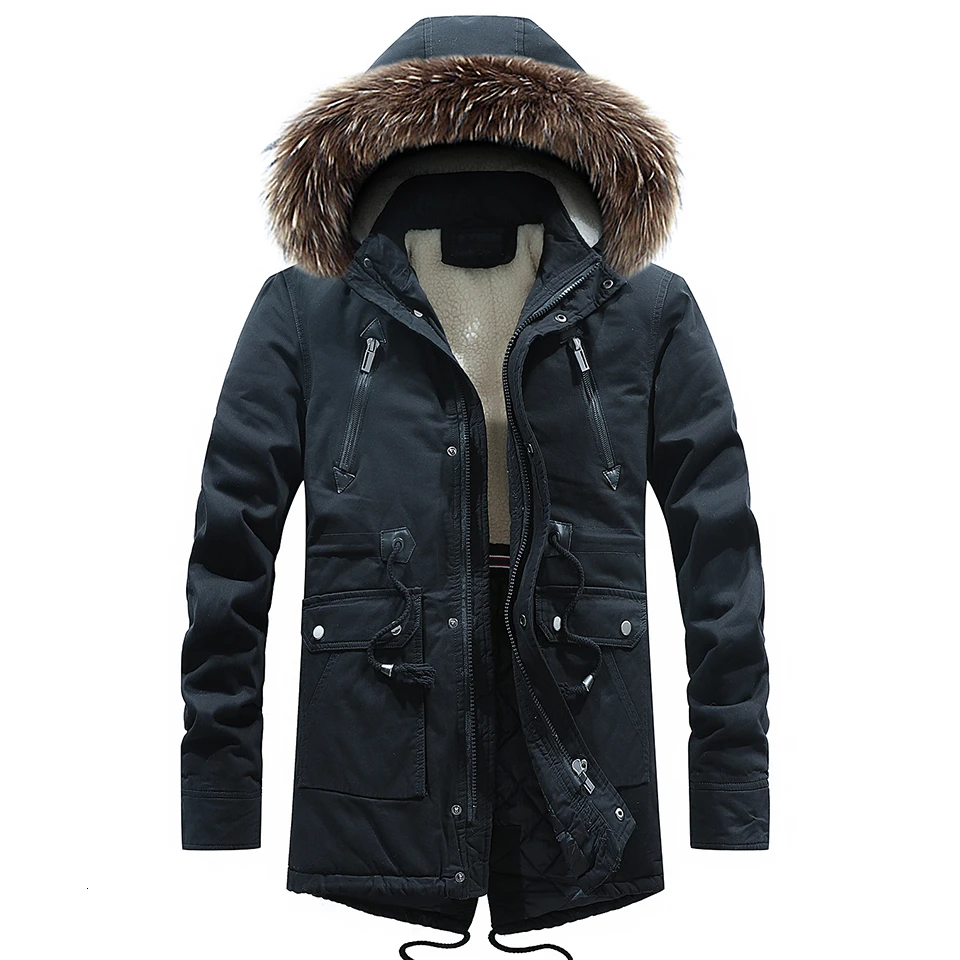 Мужская зимняя длинная Повседневная куртка с меховым воротником и капюшоном, новинка, Мужская модная теплая флисовая Толстая хлопковая парка - Цвет: Black 68