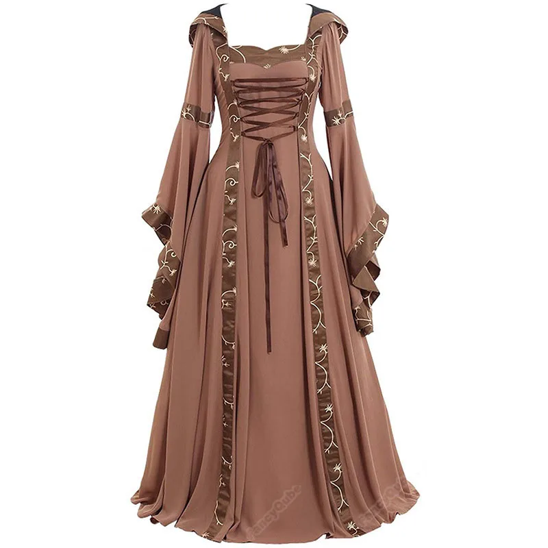 Medieval Renaissance Gown Robe Costume Vinatge Gothic Hoodie Dress Lace-Up Maxi Corset Court Dress Halloween Outfit Large Size